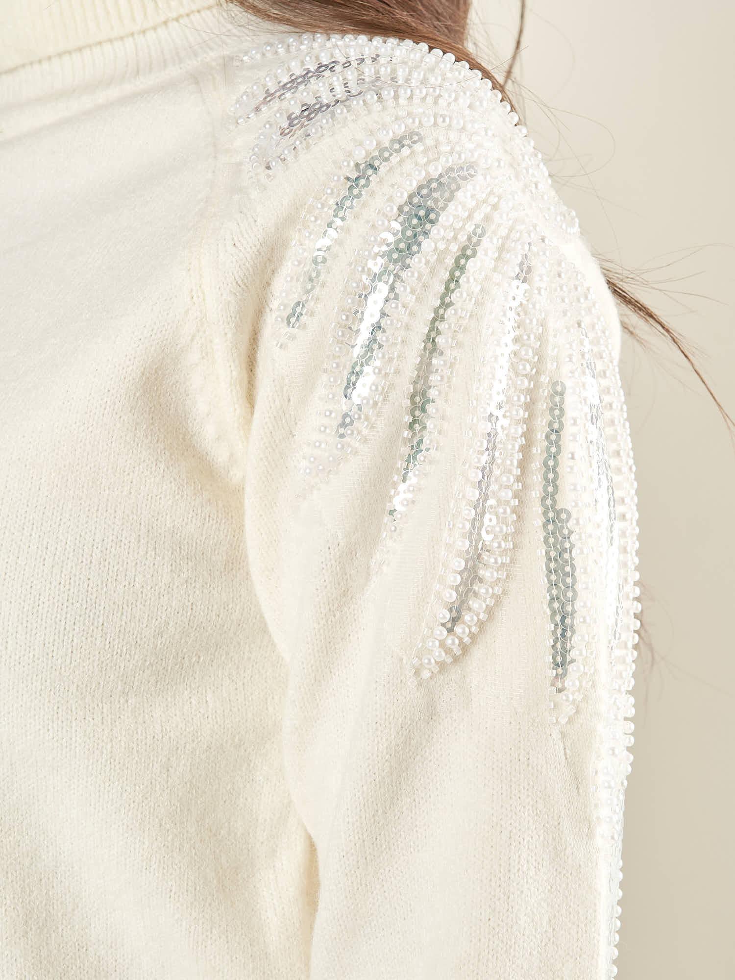 Maglia donna manica lunga con collo alto e applicazioni strass.  Eleganza brillante e comfort quotidiano. MA002800 AVORIO ARTIGLI