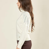 Maglia donna manica lunga con collo alto e applicazioni strass.  Eleganza brillante e comfort quotidiano. MA002800 AVORIO ARTIGLI