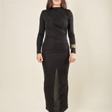 Abito donna lungo a maniche lunghe con drappeggio obliquo. AB003154 BORDEAUX ARTIGLI