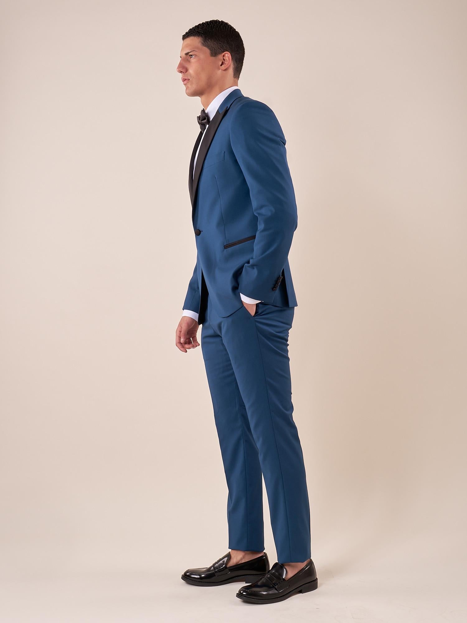 Abito classico cerimonia giacca rever a lancia in raso uomo. TM/NAPOLIPRL PETROLIO ITALIAN FORMAT