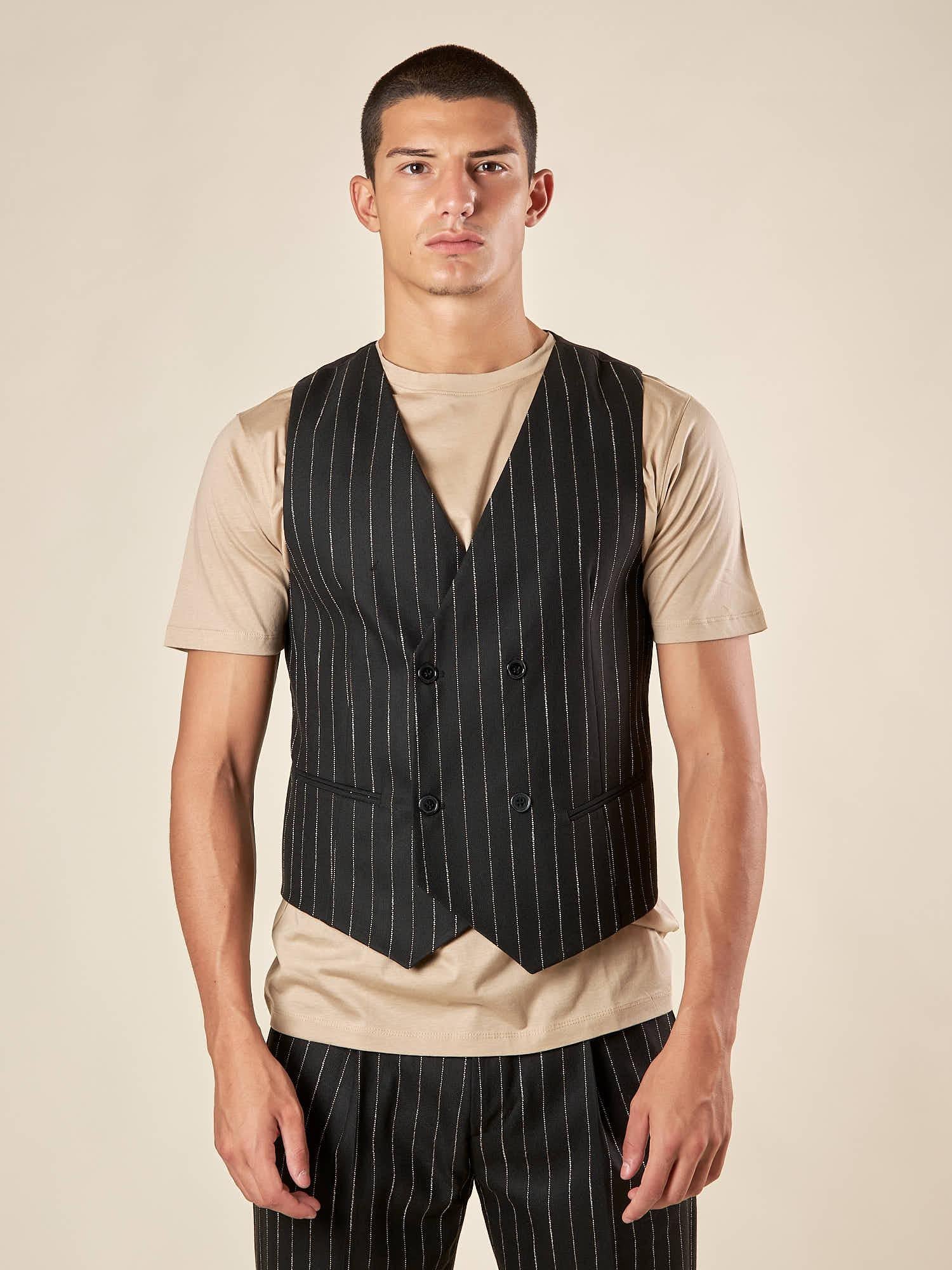 Gilet da Uomo Doppio Petto in Tessuto Gessato  Eleganza Sartoriale con Tasche a Frisi. OE12W5I01 NERO OVER-D