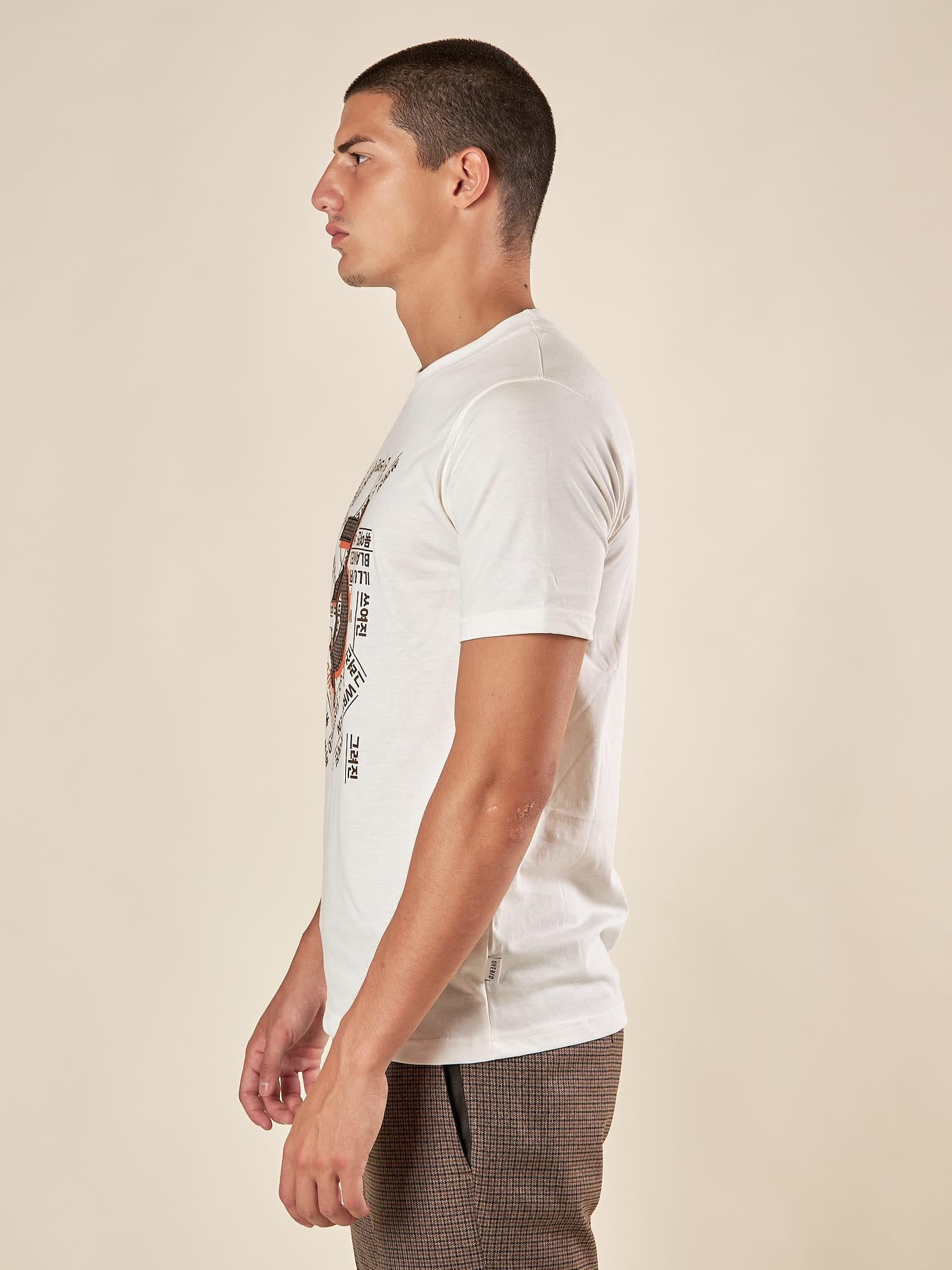 T-shirt da Uomo Manica Corta con Applicazione e Stampa  Tessuto Stretch per Comfort e Stile OE1F2W5T40 PANNA OVER-D