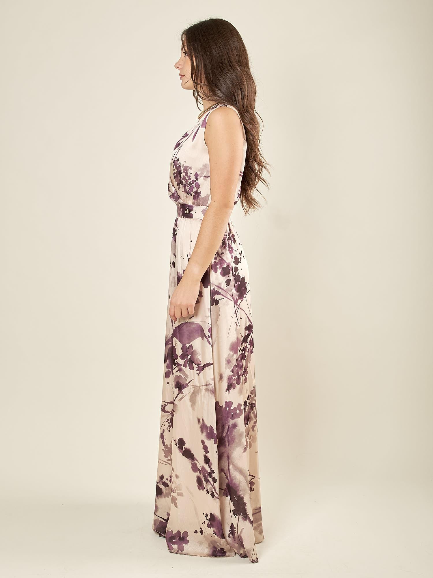 Abito lungo incrociato con scollo a V. AB003655 AVORIO/TROPEA ARTIGLI