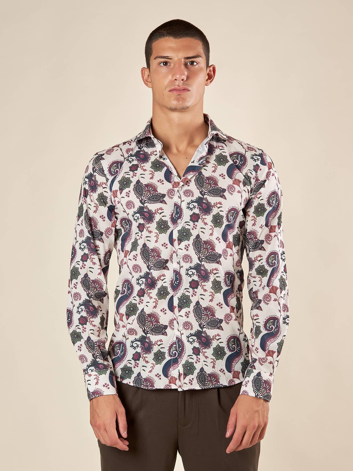 Camicia da uomo manica lunga in tessuto stretch fantasia. OE1F2W5C14 PANNA OVER-D