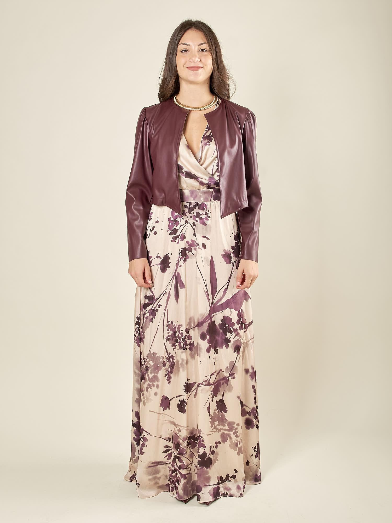 Abito lungo incrociato con scollo a V. AB003655 AVORIO/TROPEA ARTIGLI