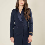 Abito donna doppiopetto con rever in raso e bottoni rivestiti. Eleganza senza tempo AB003477 BLU ARTIGLI