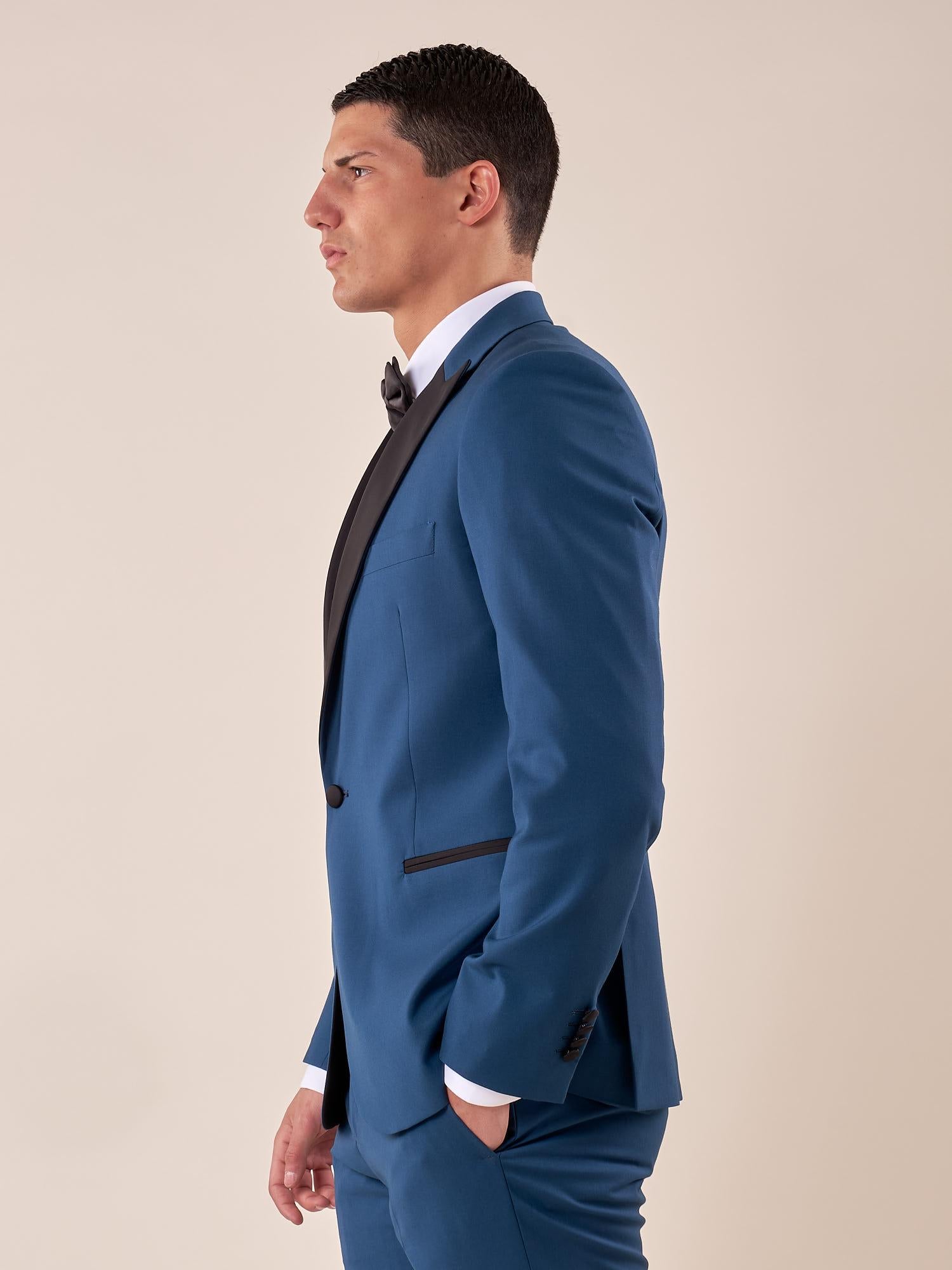 Abito classico cerimonia giacca rever a lancia in raso uomo. TM/NAPOLIPRL PETROLIO ITALIAN FORMAT