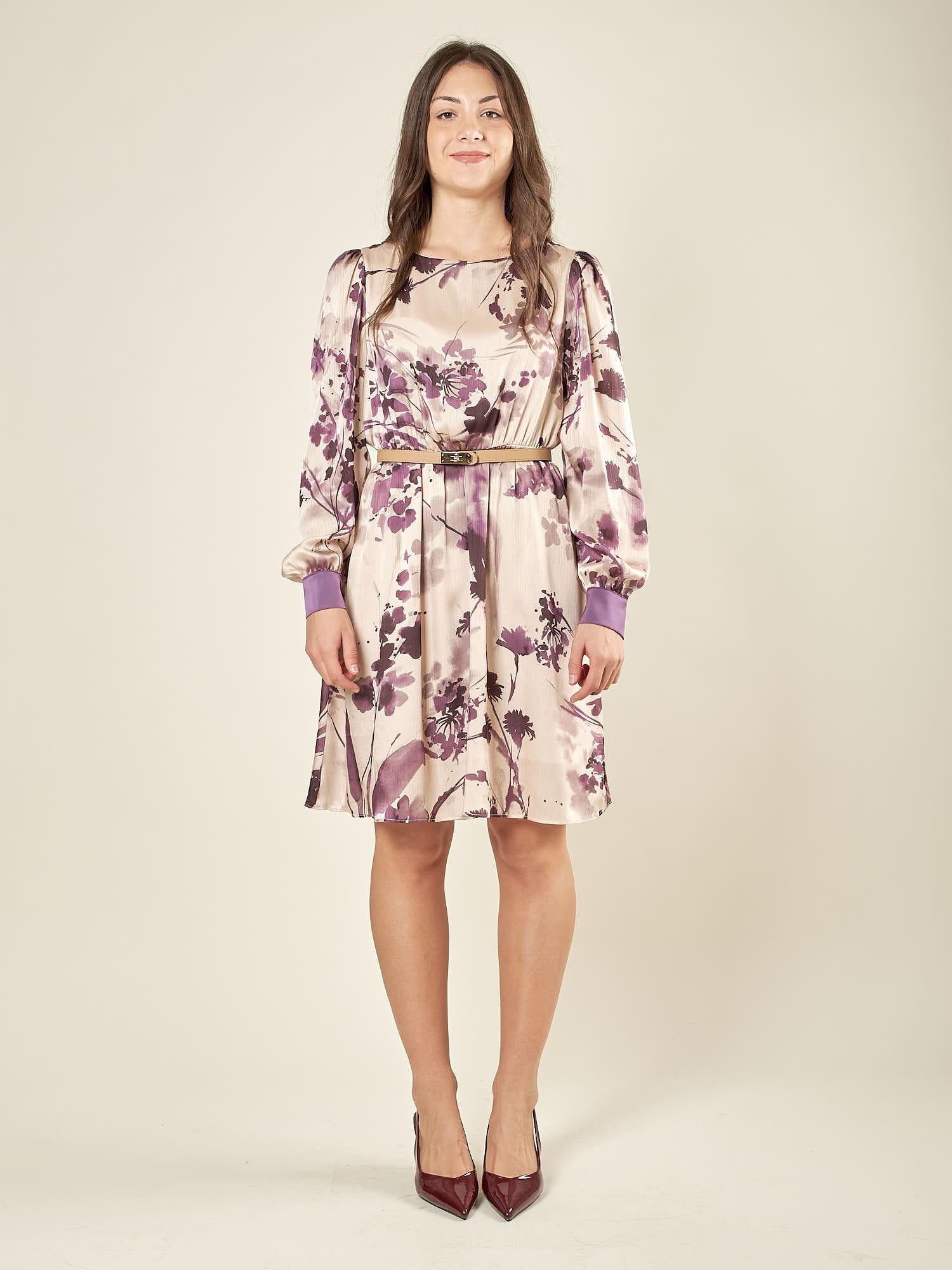 Abito donna corto in fantasia. Maniche lunghe, girocollo ed elastico in vita. AB003305 AVORIO/TROPEA ARTIGLI