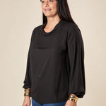 Blusa Donna Curvy Manica Lunga con Scollo a Barca e Risvolto  Vestibilità Svasata ed Elastico sui Polsi. F551YBFKIKI NERO Lizalù