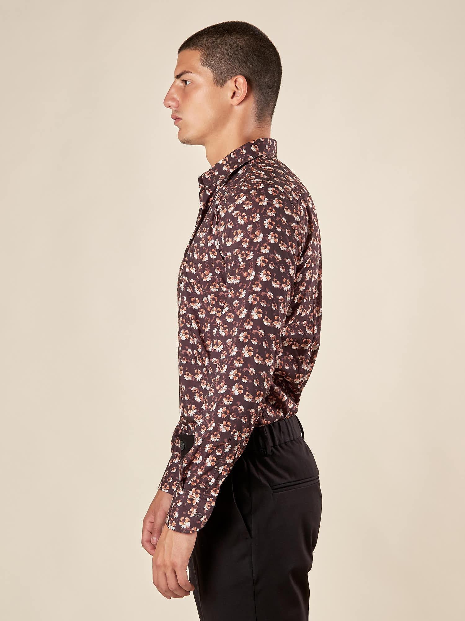 Camicia da Uomo Fantasia Floreale Manica Lunga con Collo Francese, OE1F2W5C13 MORO OVER-D