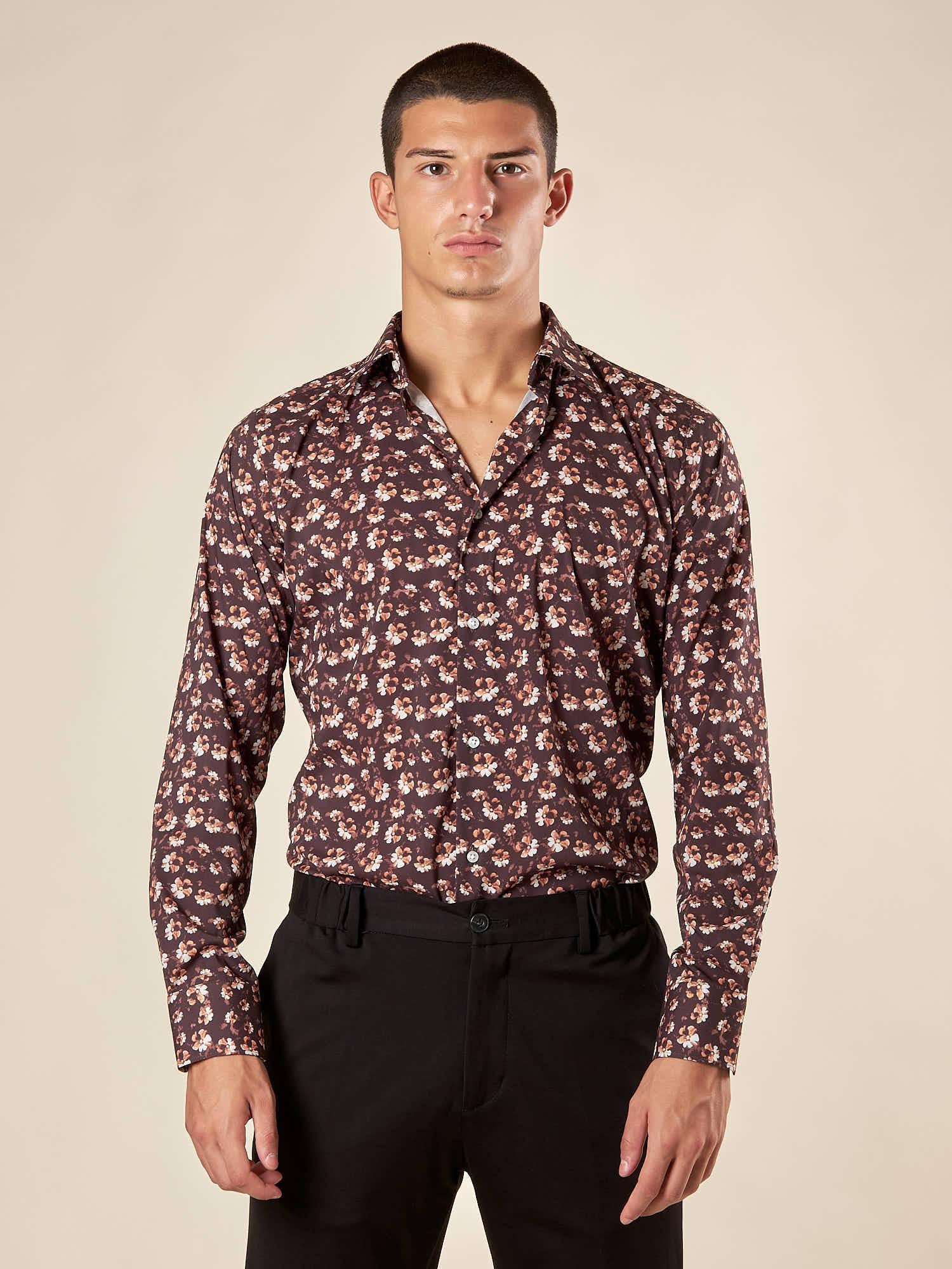 Camicia da Uomo Fantasia Floreale Manica Lunga con Collo Francese, OE1F2W5C13 MORO OVER-D