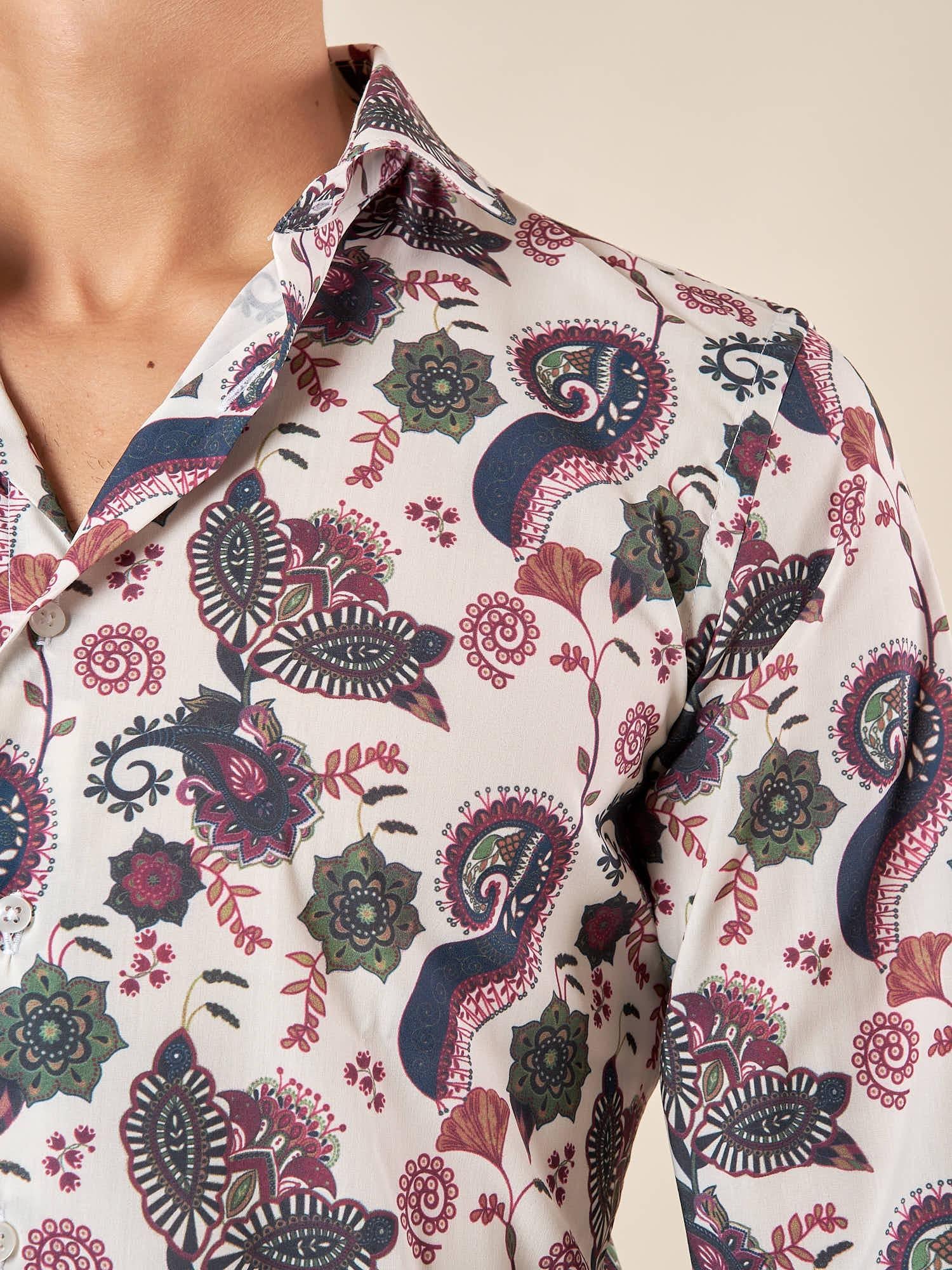 Camicia da uomo manica lunga in tessuto stretch fantasia. OE1F2W5C14 PANNA OVER-D