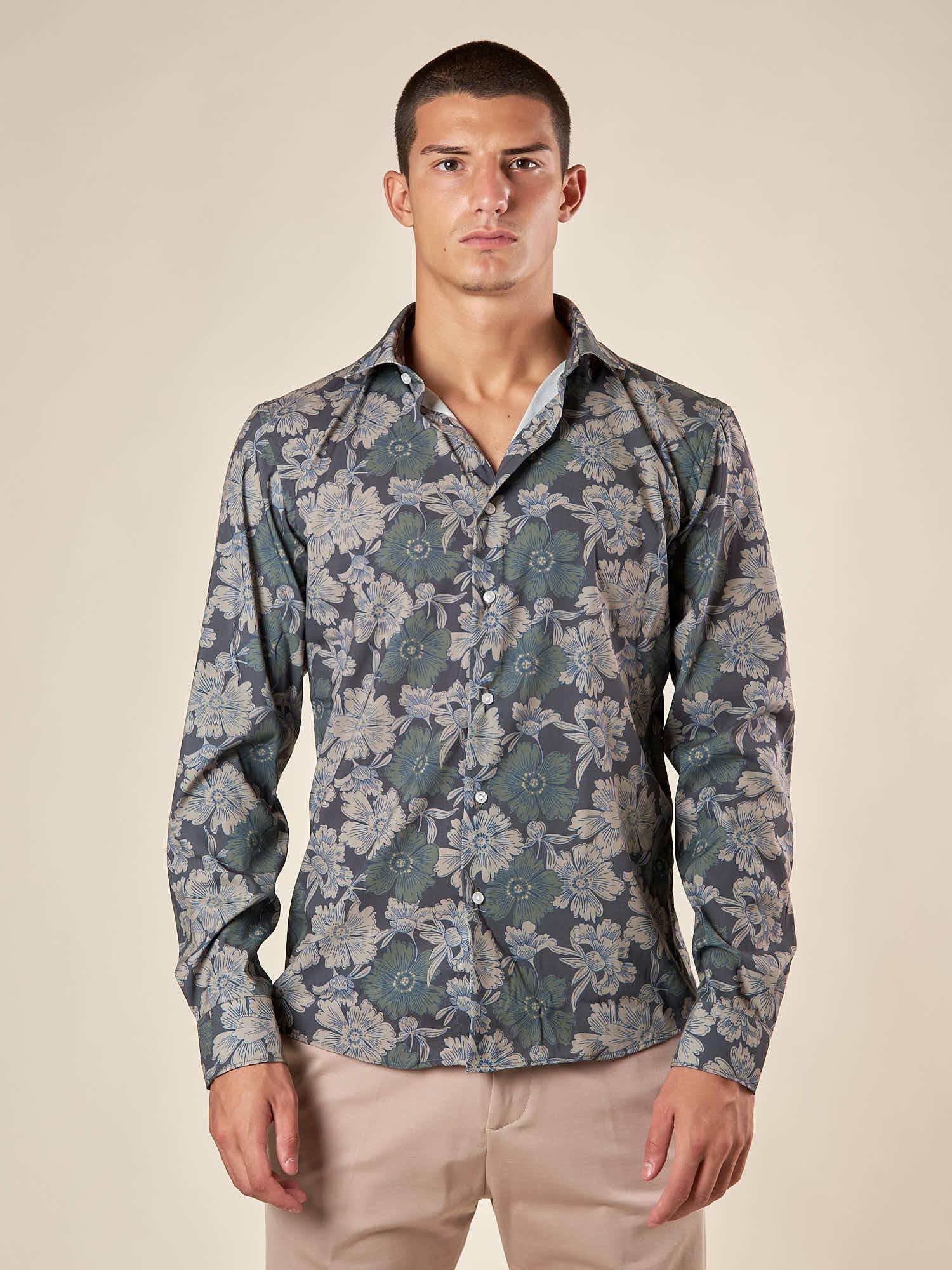Camicia Uomo Stretch Manica Lunga fantasia floreale con collo francese. OE1F2E5C12 MILITARE OVER-D