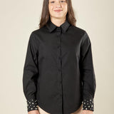 Camicia donna in cotone con pietre sui polsi. Manica lunga, bottoni tono su tono. CA003361 NERO ARTIGLI