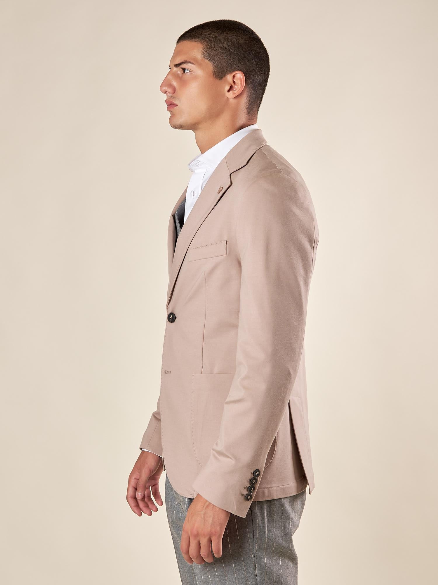 Giacca da Uomo Elegante in Tessuto Punto Milano  Due Bottoni, Tasche a Toppa. OE1F2W5G17 BEIGE OVER-D