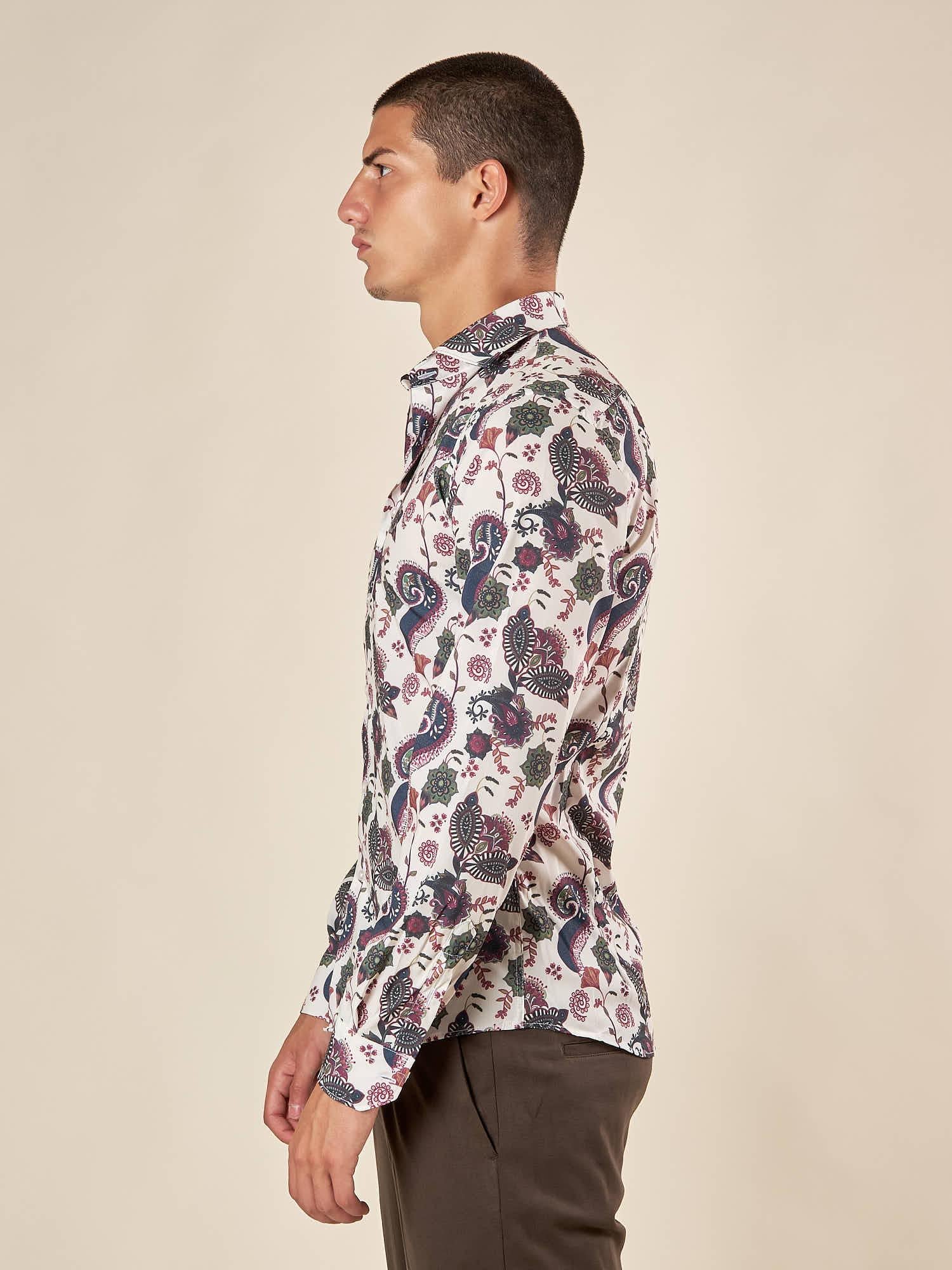 Camicia da uomo manica lunga in tessuto stretch fantasia. OE1F2W5C14 PANNA OVER-D