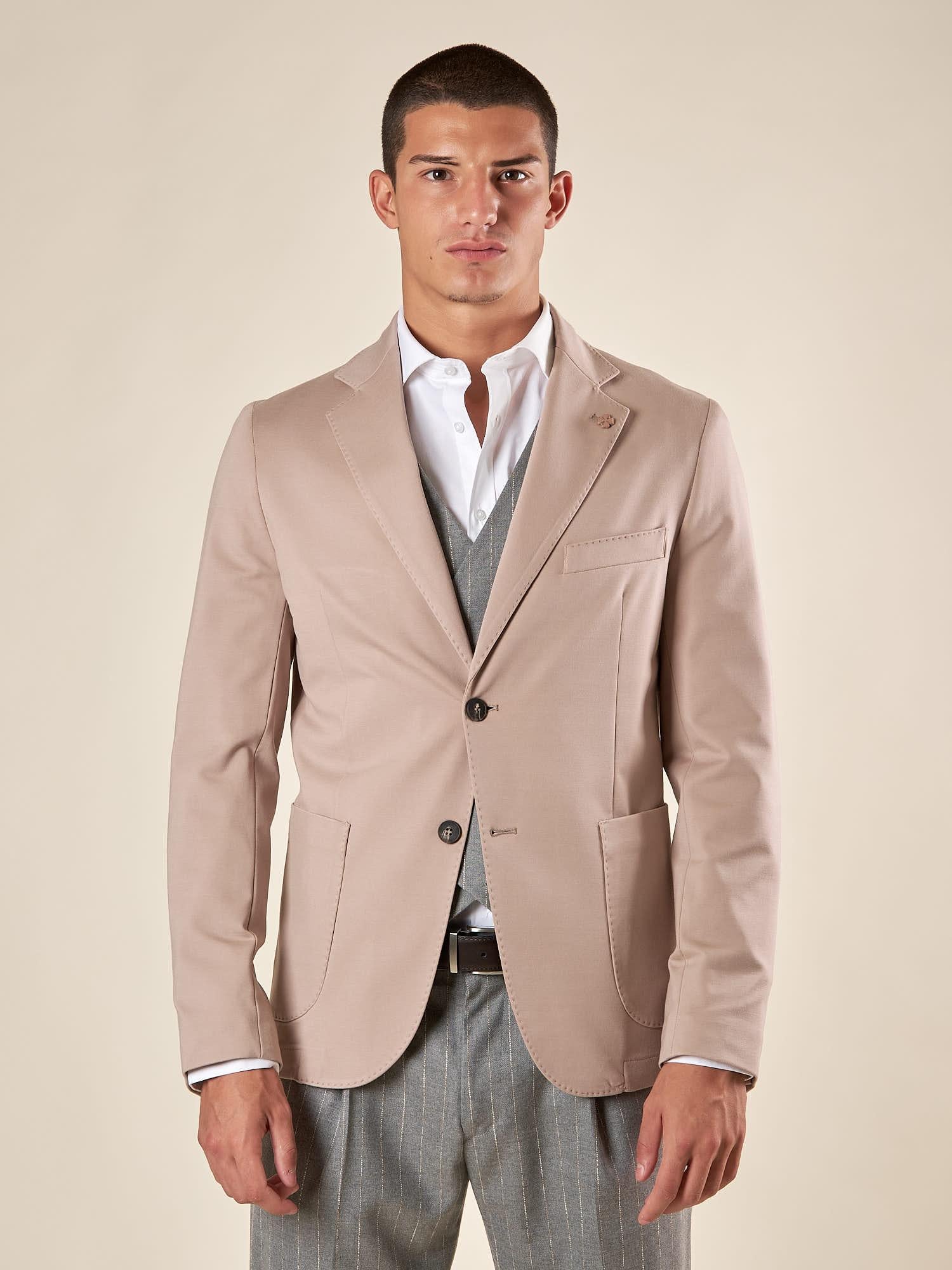 Giacca da Uomo Elegante in Tessuto Punto Milano  Due Bottoni, Tasche a Toppa. OE1F2W5G17 BEIGE OVER-D