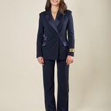 Giacca doppiopetto donna in scuba crepe con rever in raso.  Eleganza sartoriale e comfort moderno. GI003480 BLU ARTIGLI