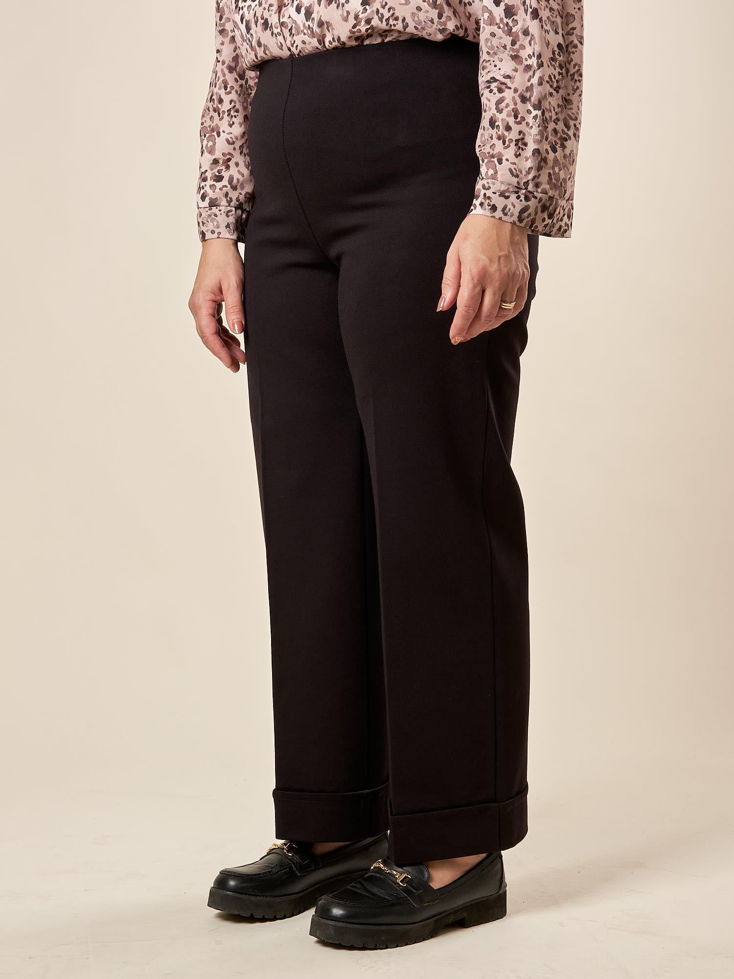 Pantalone Donna Curvy in Punto Milano  Palazzo Dritto alla Caviglia con Risvoltone. F646YBFAMORE NERO Lizalù