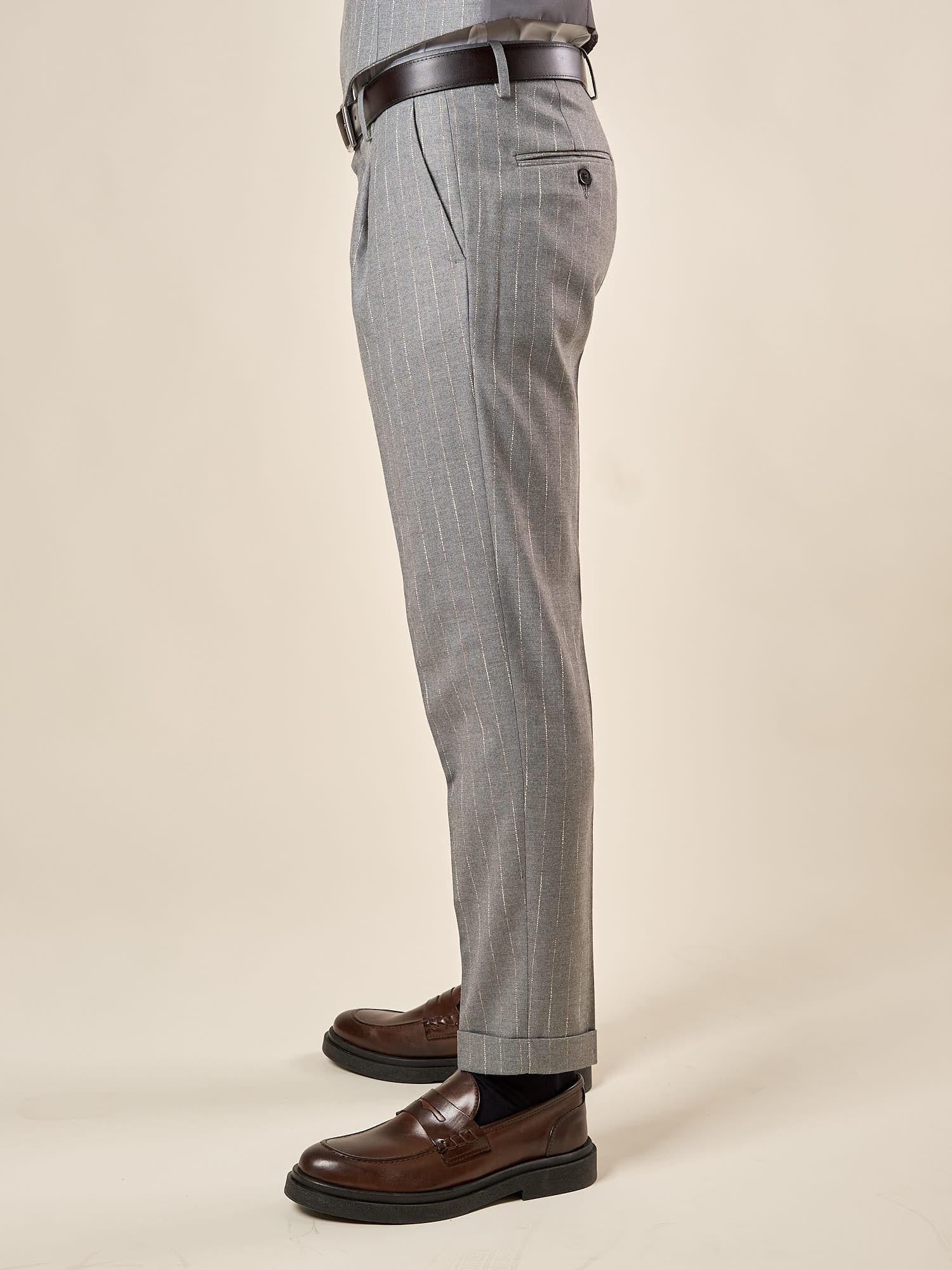 Pantalone da Uomo Gessato con Pence  Tasche allAmericana e Risvolto, Vestibilità Comoda OE1F2W5P24 GRIGIO OVER-D