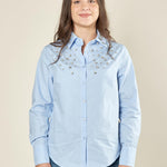 Camicia donna in cotone con applicazioni di pietre. CA002958 CELESTE ARTIGLI