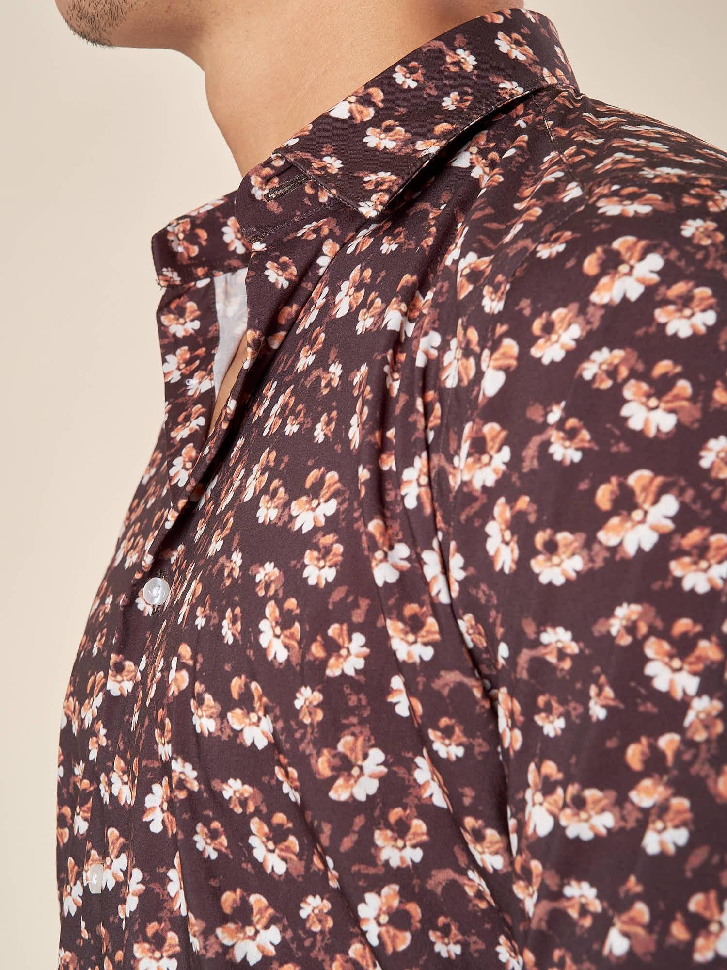 Camicia da Uomo Fantasia Floreale Manica Lunga con Collo Francese, OE1F2W5C13 MORO OVER-D