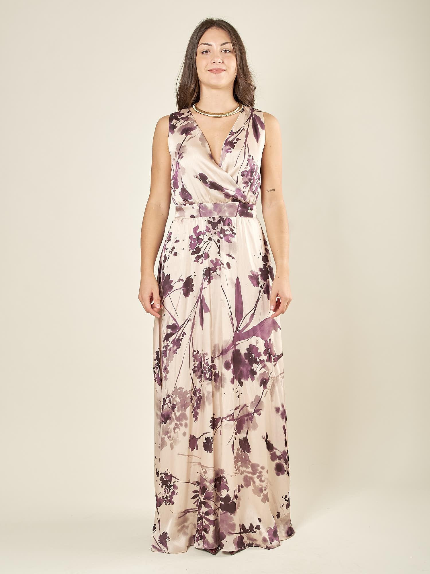 Abito lungo incrociato con scollo a V. AB003655 AVORIO/TROPEA ARTIGLI