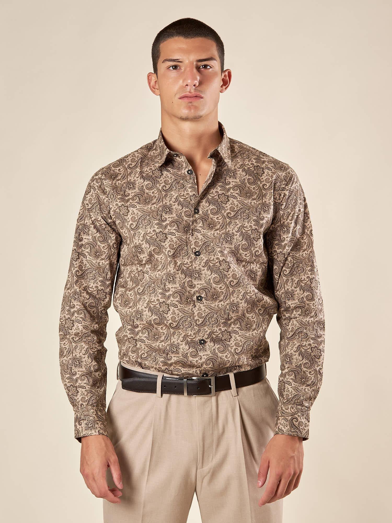 Camicia da Uomo Fantasia Jacquard  Manica Lunga con Collo Francese, Eleganza e Carattere. CI1286H FANGO HAMAKI-HO