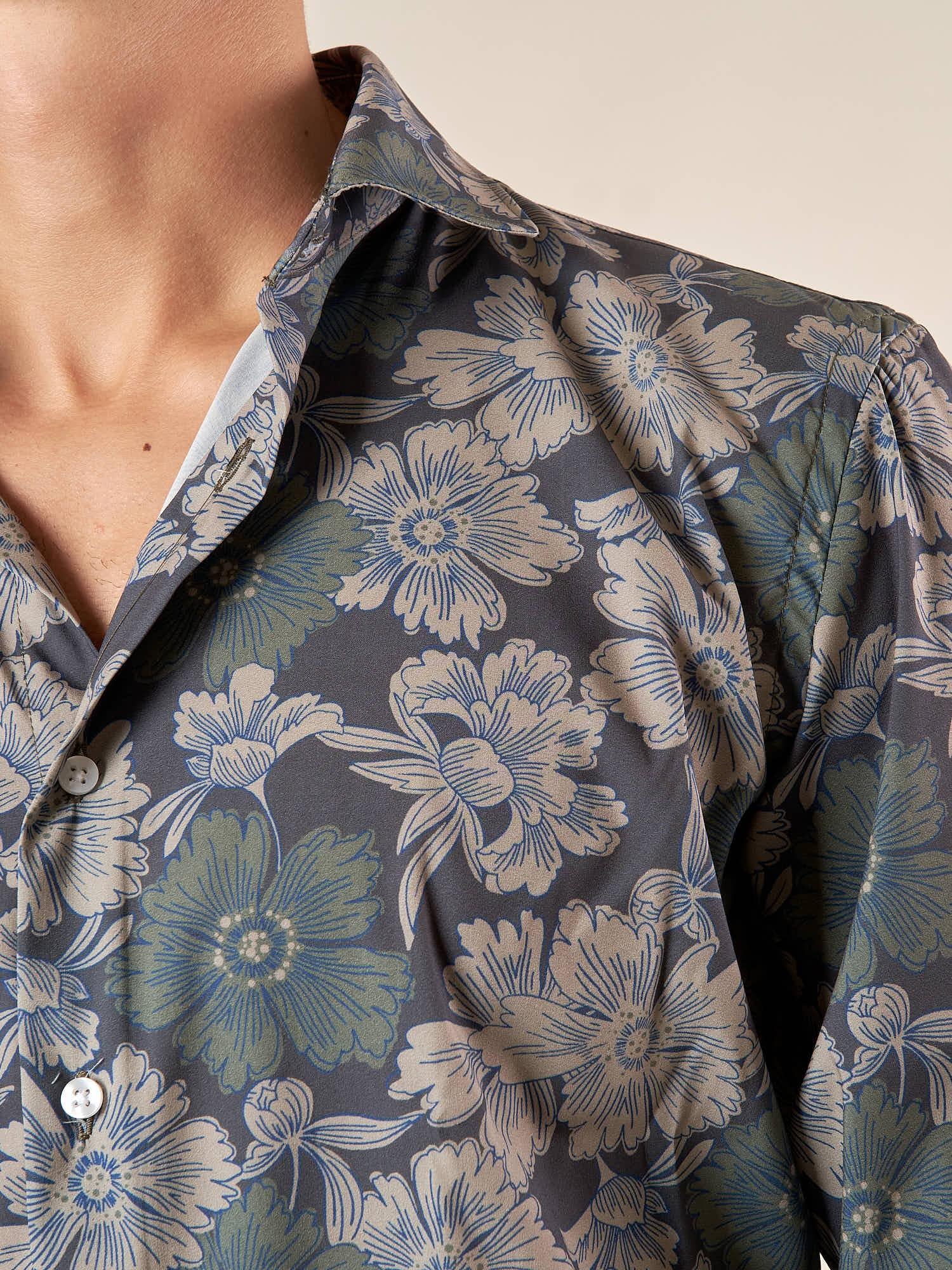 Camicia Uomo Stretch Manica Lunga fantasia floreale con collo francese. OE1F2E5C12 MILITARE OVER-D