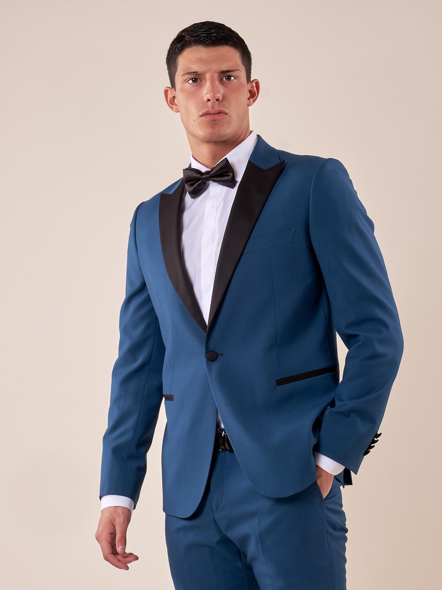 Abito classico cerimonia giacca rever a lancia in raso uomo. TM/NAPOLIPRL PETROLIO ITALIAN FORMAT