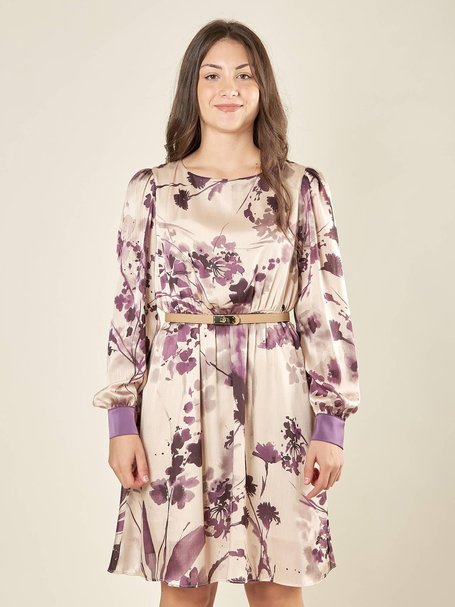 Abito donna corto in fantasia. Maniche lunghe, girocollo ed elastico in vita. AB003305 AVORIO/TROPEA ARTIGLI