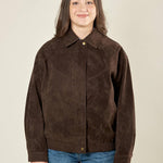 Bomber donna effetto scamosciato. Zip frontale, tasche a filetto e collo a camicia. HM2513 MARRONE FORGET-ME-NOT