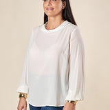 Blusa Donna Curvy Manica Lunga con Scollo a Barca e Risvolto  Vestibilità Svasata ed Elastico sui Polsi. F551YBFKIKI PANNA Lizalù