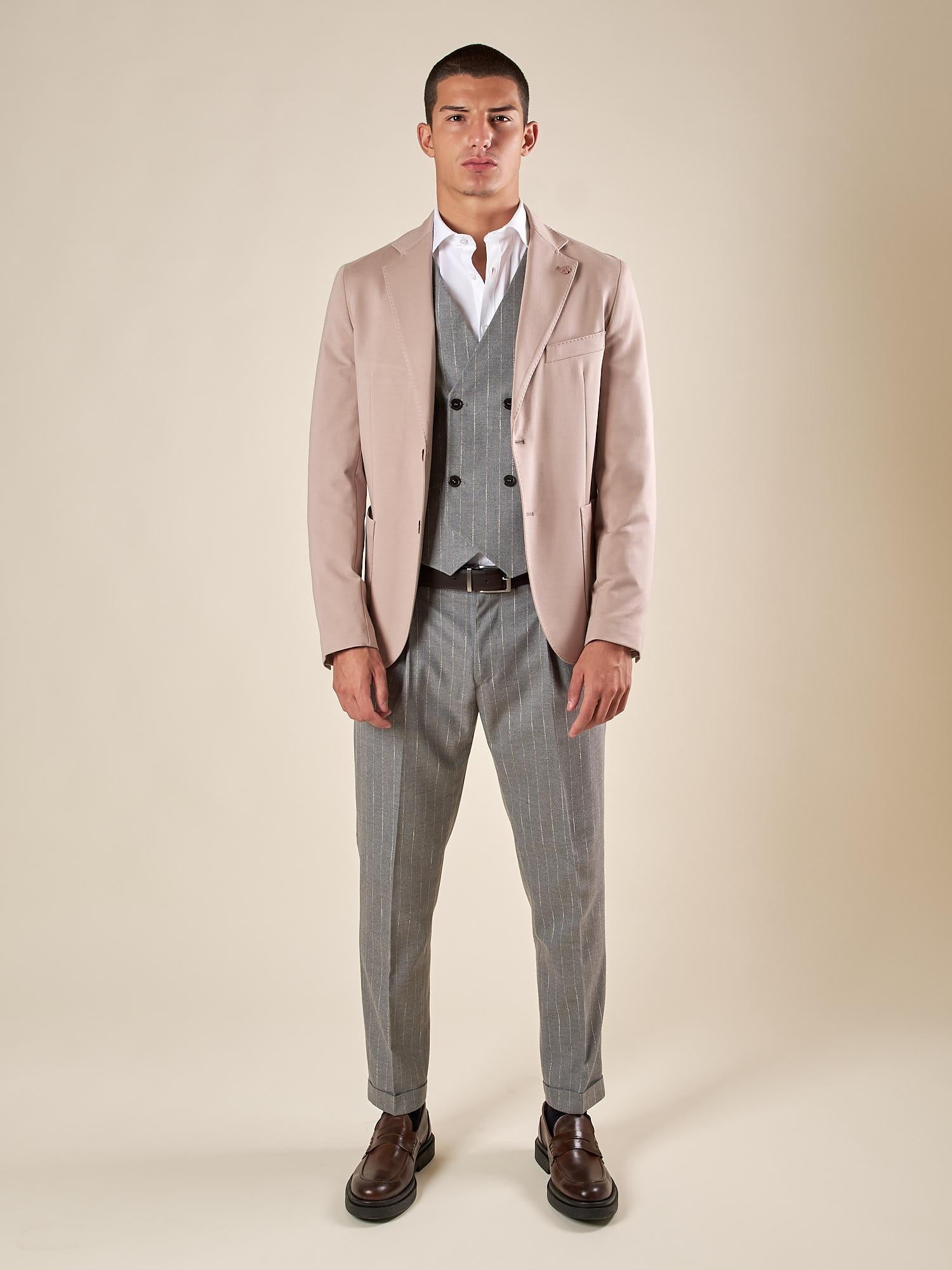 Giacca da Uomo Elegante in Tessuto Punto Milano  Due Bottoni, Tasche a Toppa. OE1F2W5G17 BEIGE OVER-D