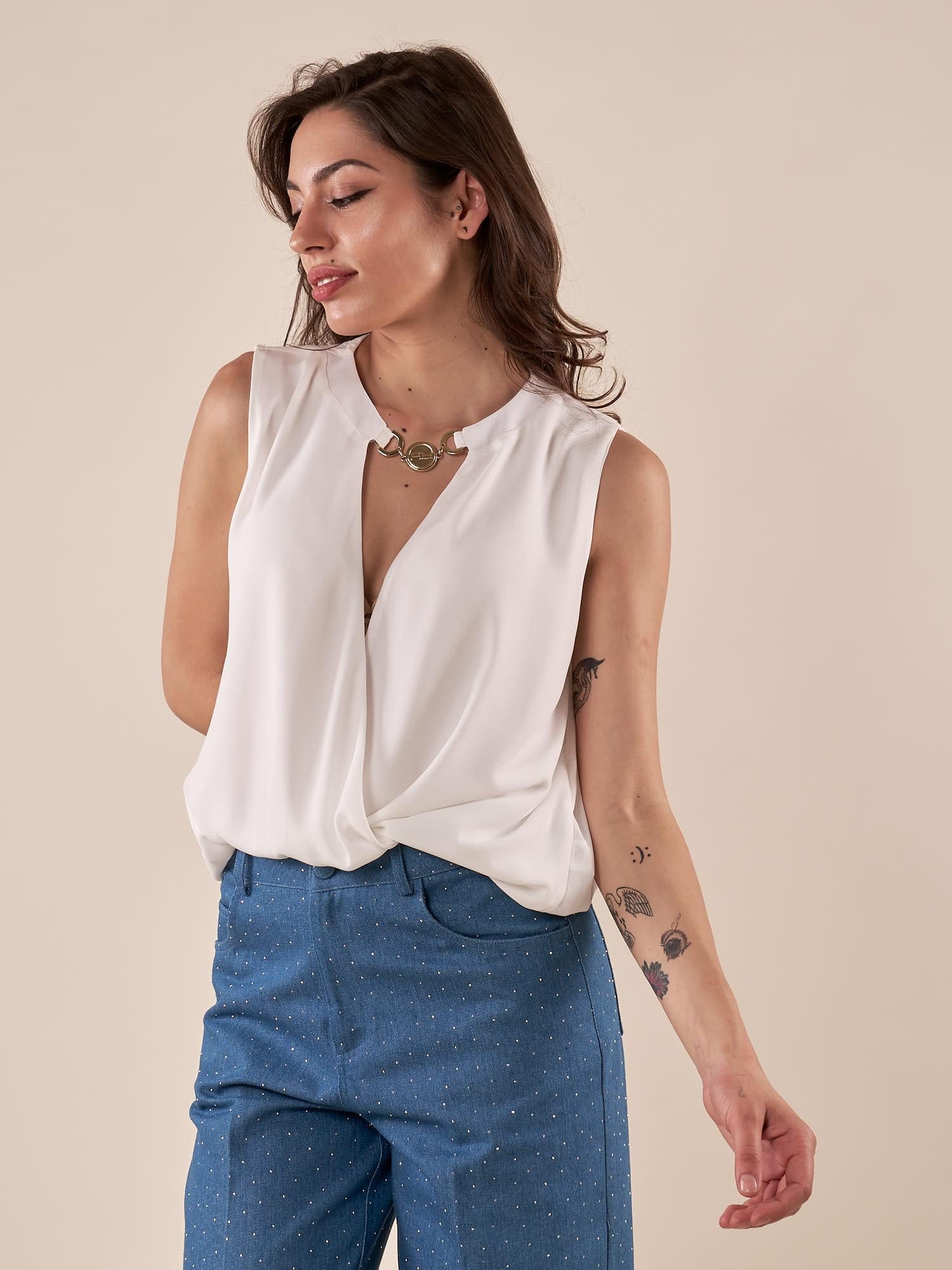 Blusa donna in crepe con elastico al fondo e giromanica. BL002332 PANNA ARTIGLI 