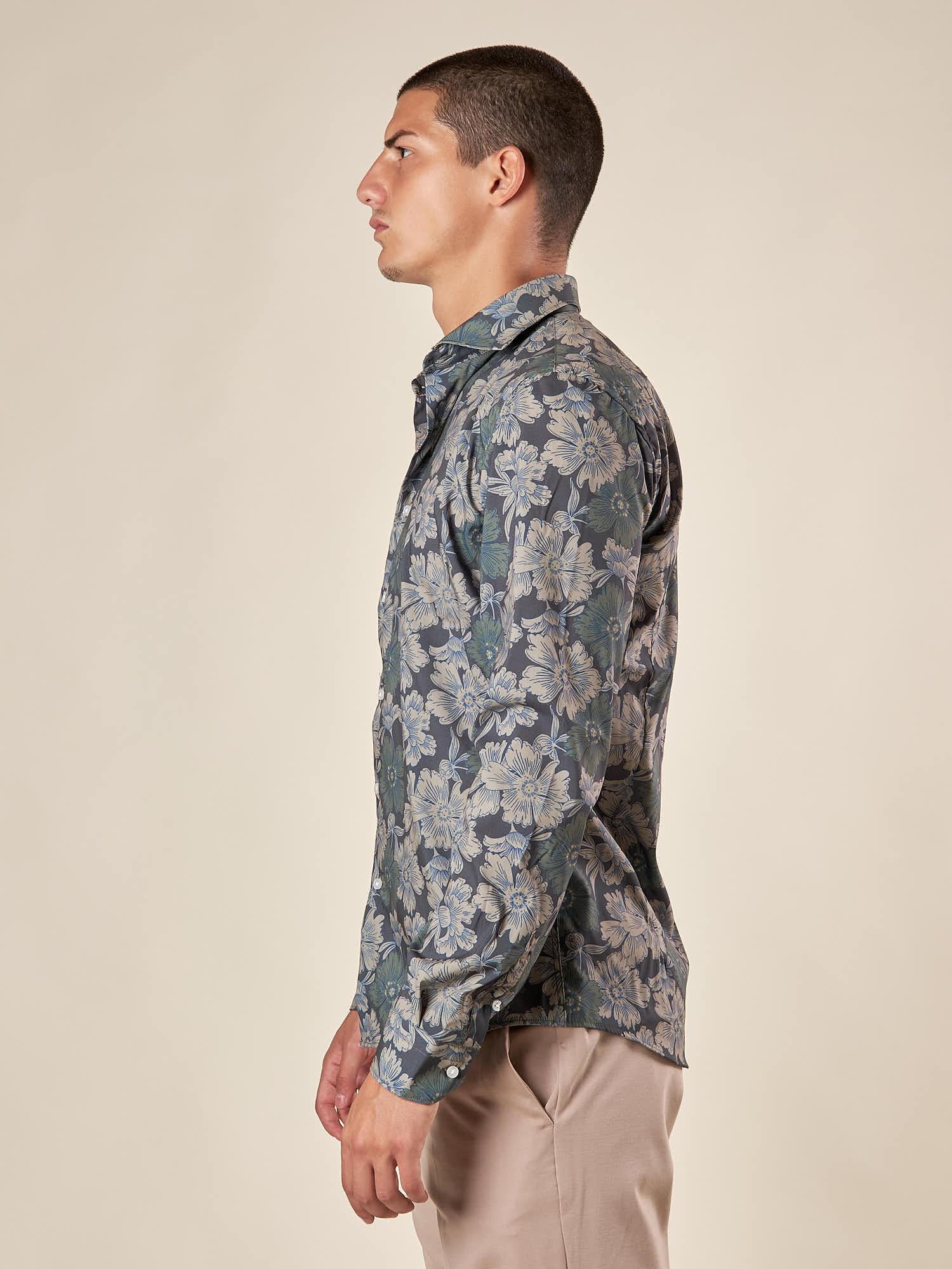 Camicia Uomo Stretch Manica Lunga fantasia floreale con collo francese. OE1F2E5C12 MILITARE OVER-D Uomo 