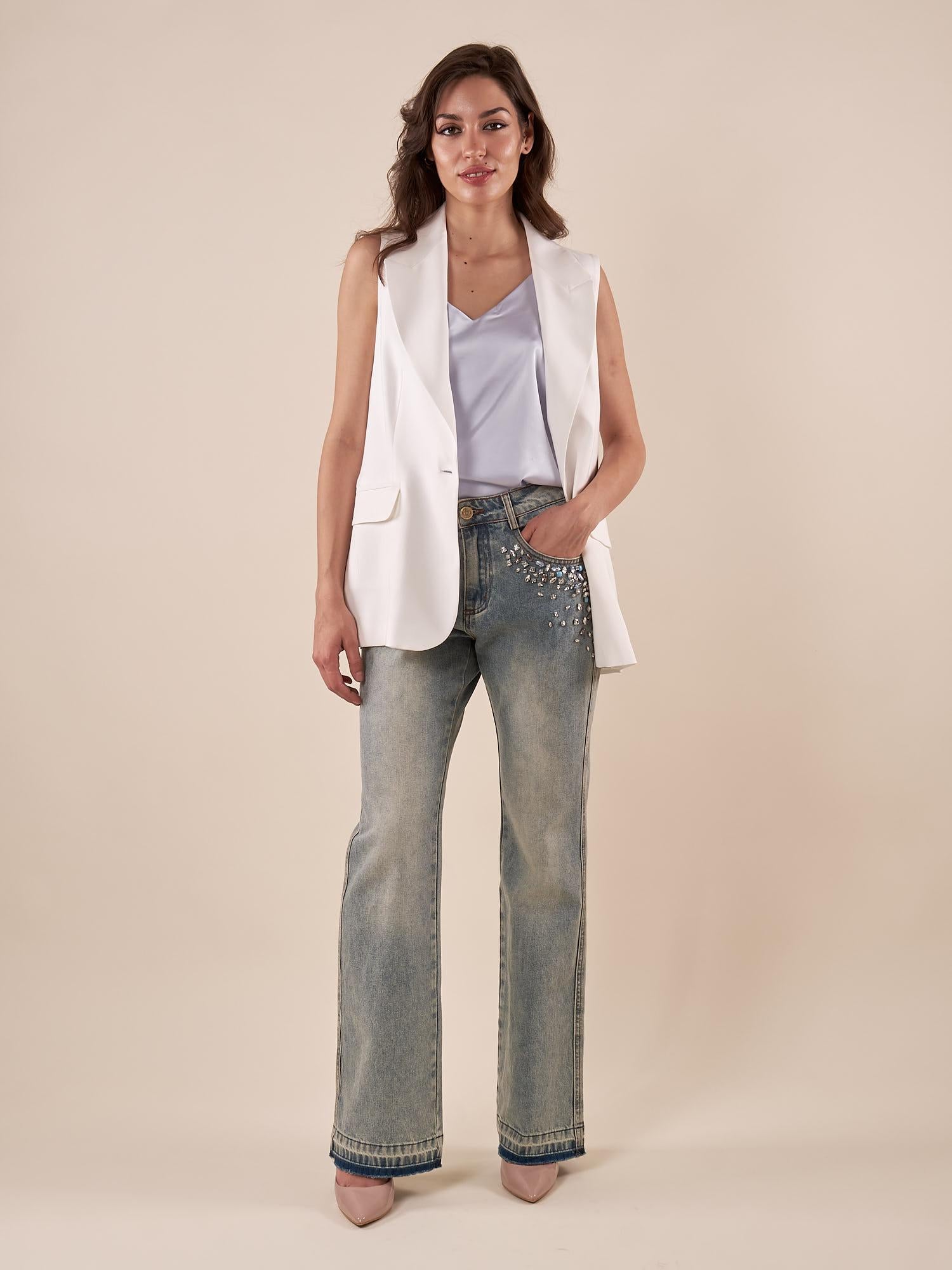 Jeans Donna lungo con strass sulle tasche e fondo sfrangiato. DE002424 DENIM ARTIGLI 