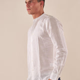 Camicia da uomo in lino e cotone a manica lunga con collo alla coreana. M49069 BIANCO GUY 