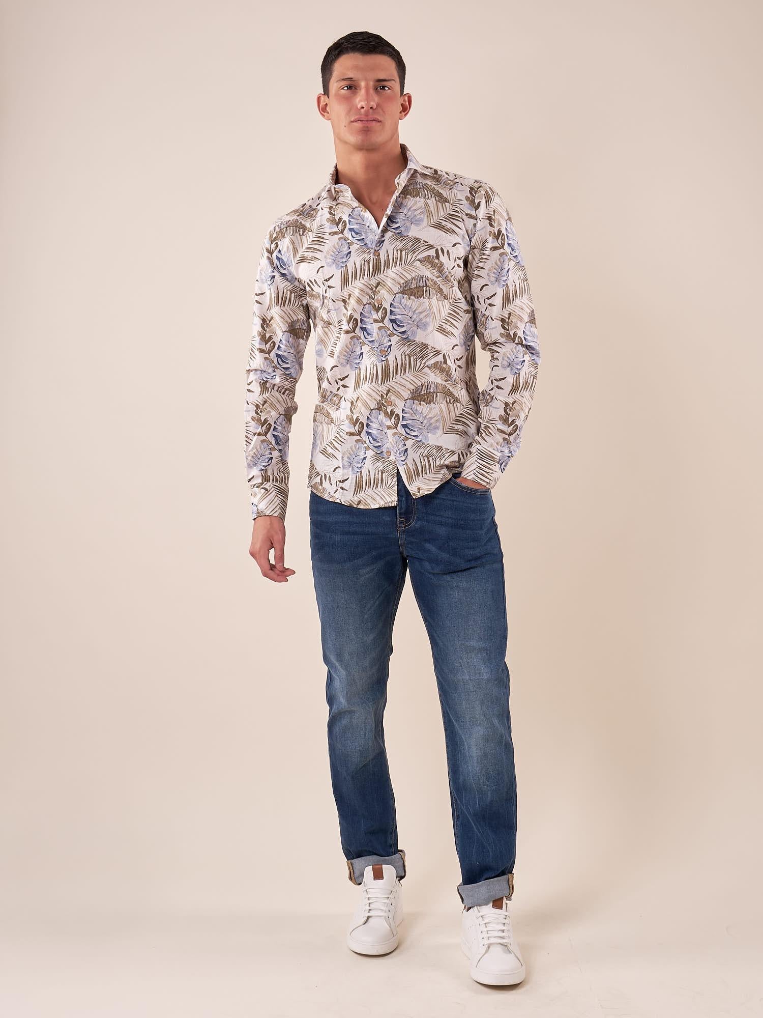 Camicia manica linga misto lino fantasia uomo, DM9391 BEIGE DATCH 