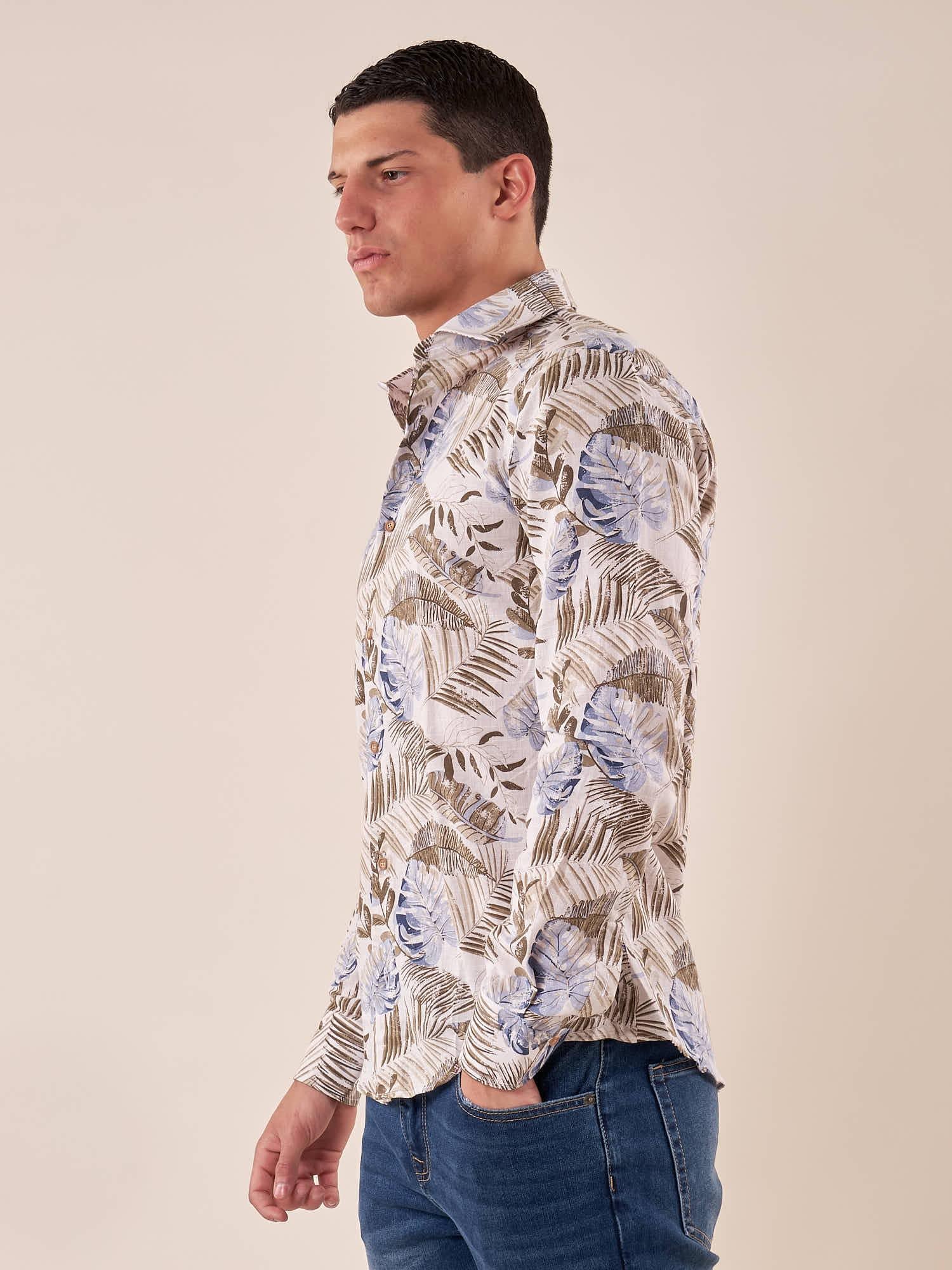 Camicia manica linga misto lino fantasia uomo, DM9391 BEIGE DATCH 