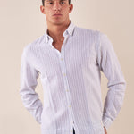 Camicia manica lunga rigata misto lino collo con bottoncino a scomparsa uomo. OC1S2S5C11 POLVERE OVER-D 