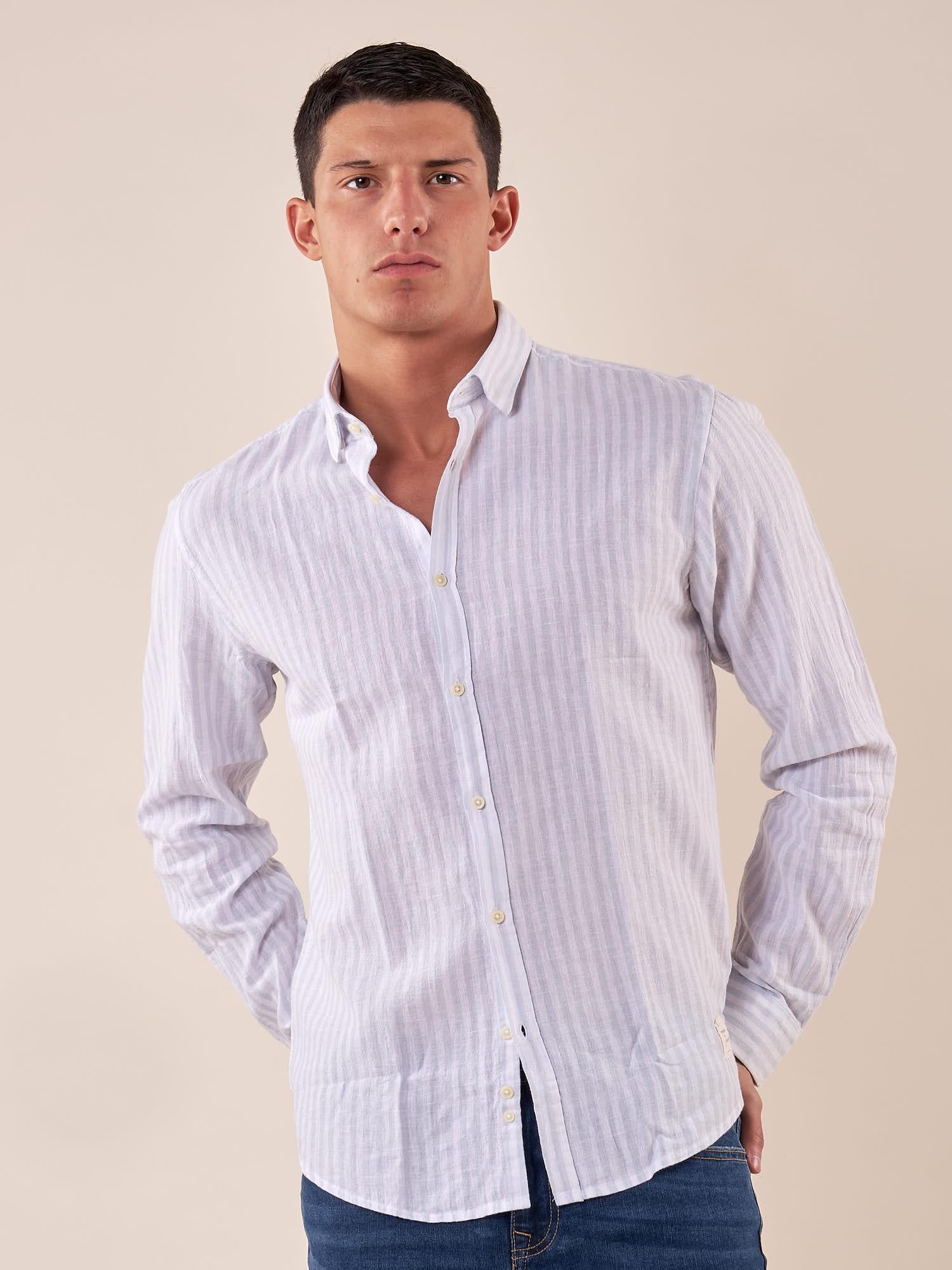 Camicia manica lunga rigata misto lino collo con bottoncino a scomparsa uomo. OC1S2S5C11 POLVERE OVER-D 