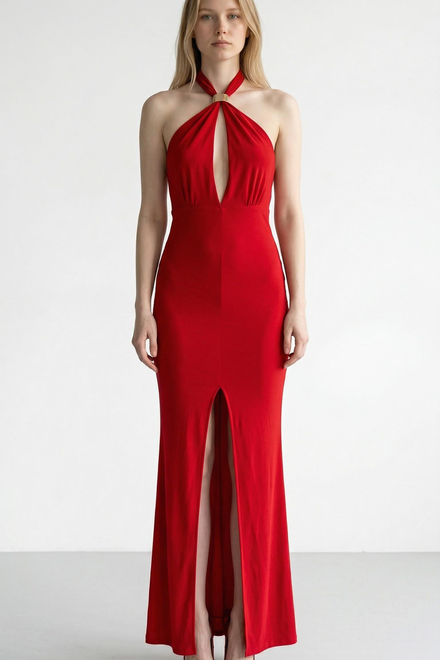 Abito Donna Lungo Elegante con Incrocio al Collo e Spacco Centrale AB004378 ROSSO ARTIGLI Donna 