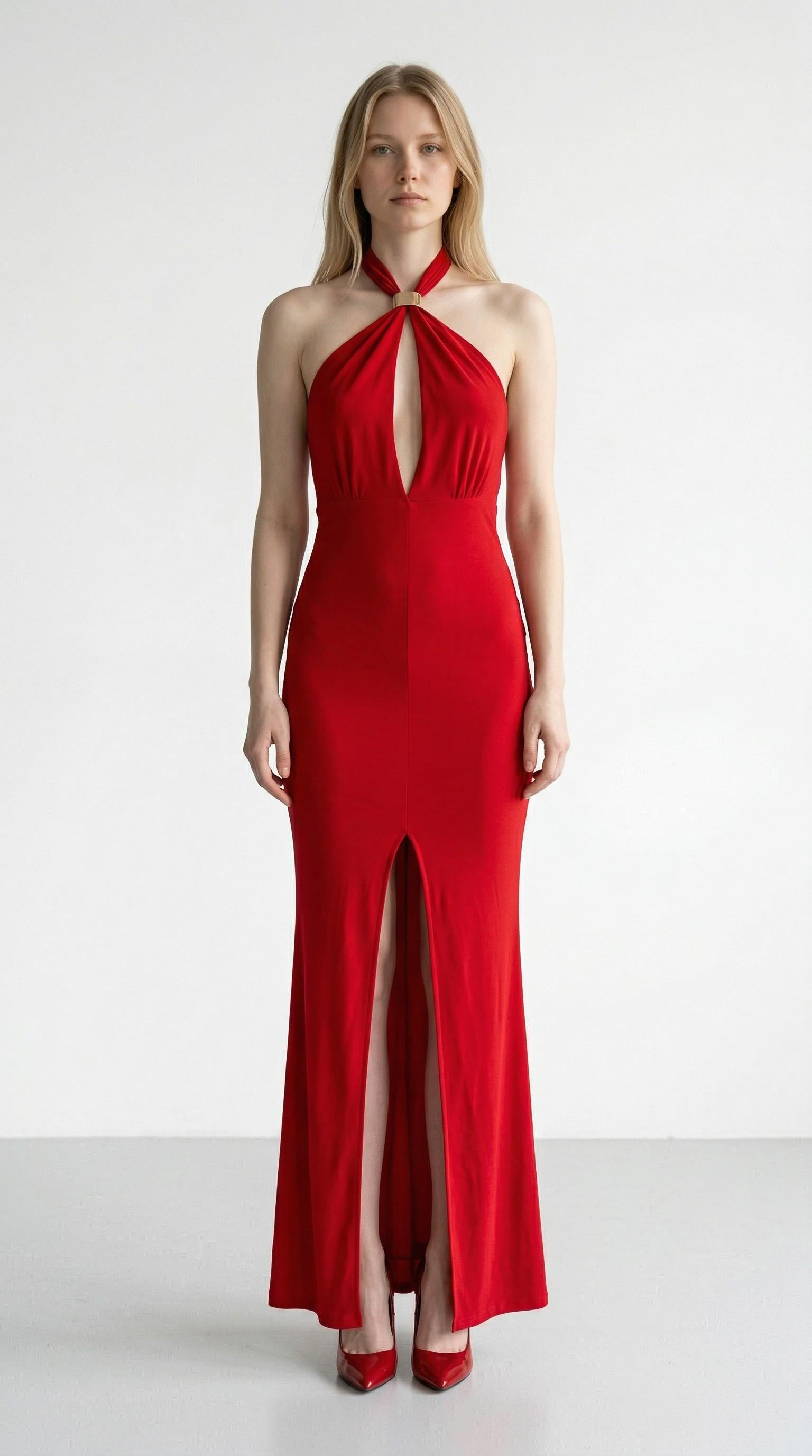 Abito Donna Lungo Elegante con Incrocio al Collo e Spacco Centrale AB004378 ROSSO ARTIGLI Donna 