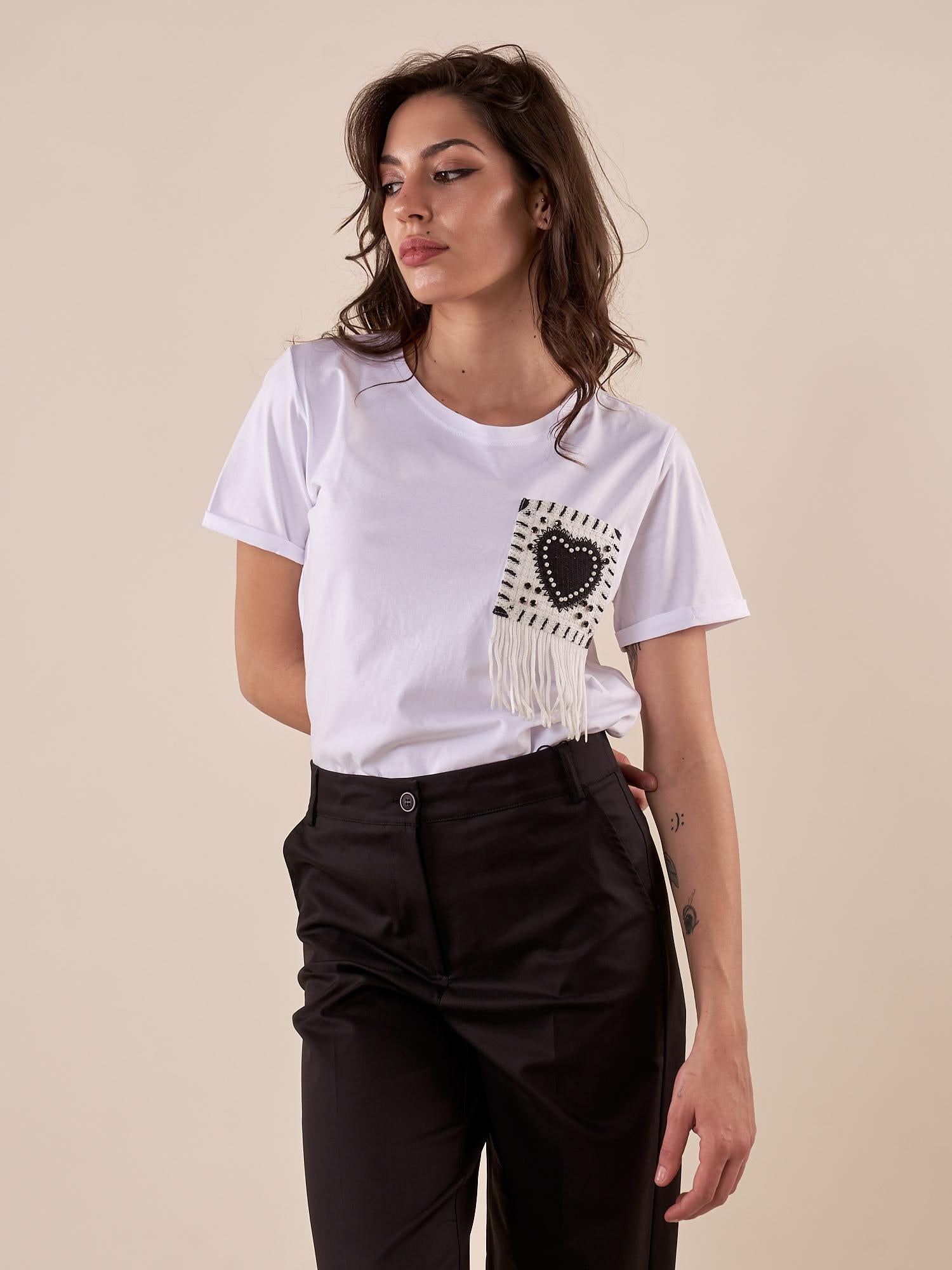 T-Shirt Donna manica corta tasca con applicazione. RJ77457EC BIANCO/NERO BLUOLTRE 
