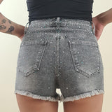 Shorts di Jeans da Donna con Brillantini  Vita Elasticizzata e Fondo Sfrangiato AMR/LS9338EC GRIGIO EXTASY 