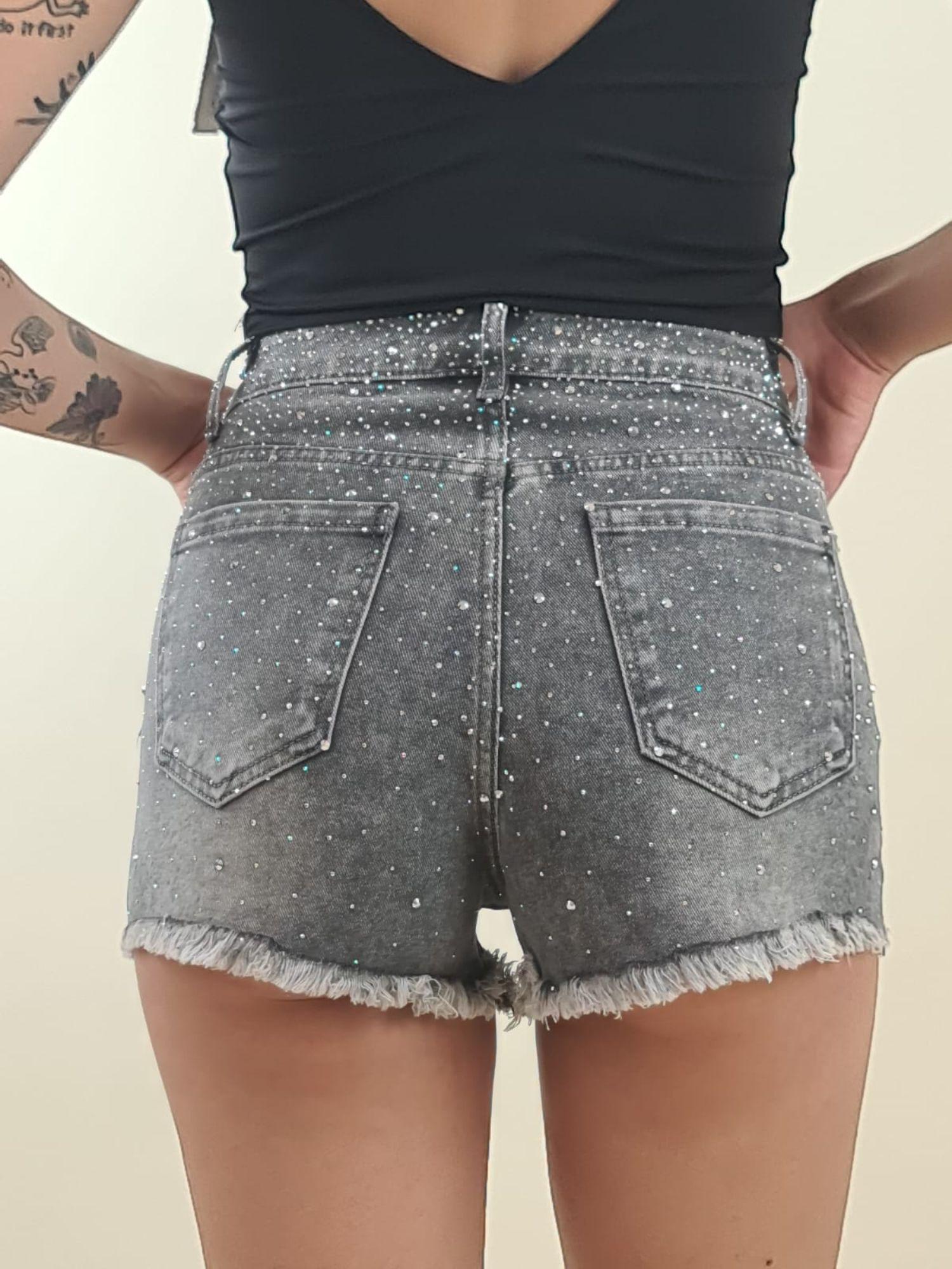 Shorts di Jeans da Donna con Brillantini  Vita Elasticizzata e Fondo Sfrangiato AMR/LS9338EC GRIGIO EXTASY 