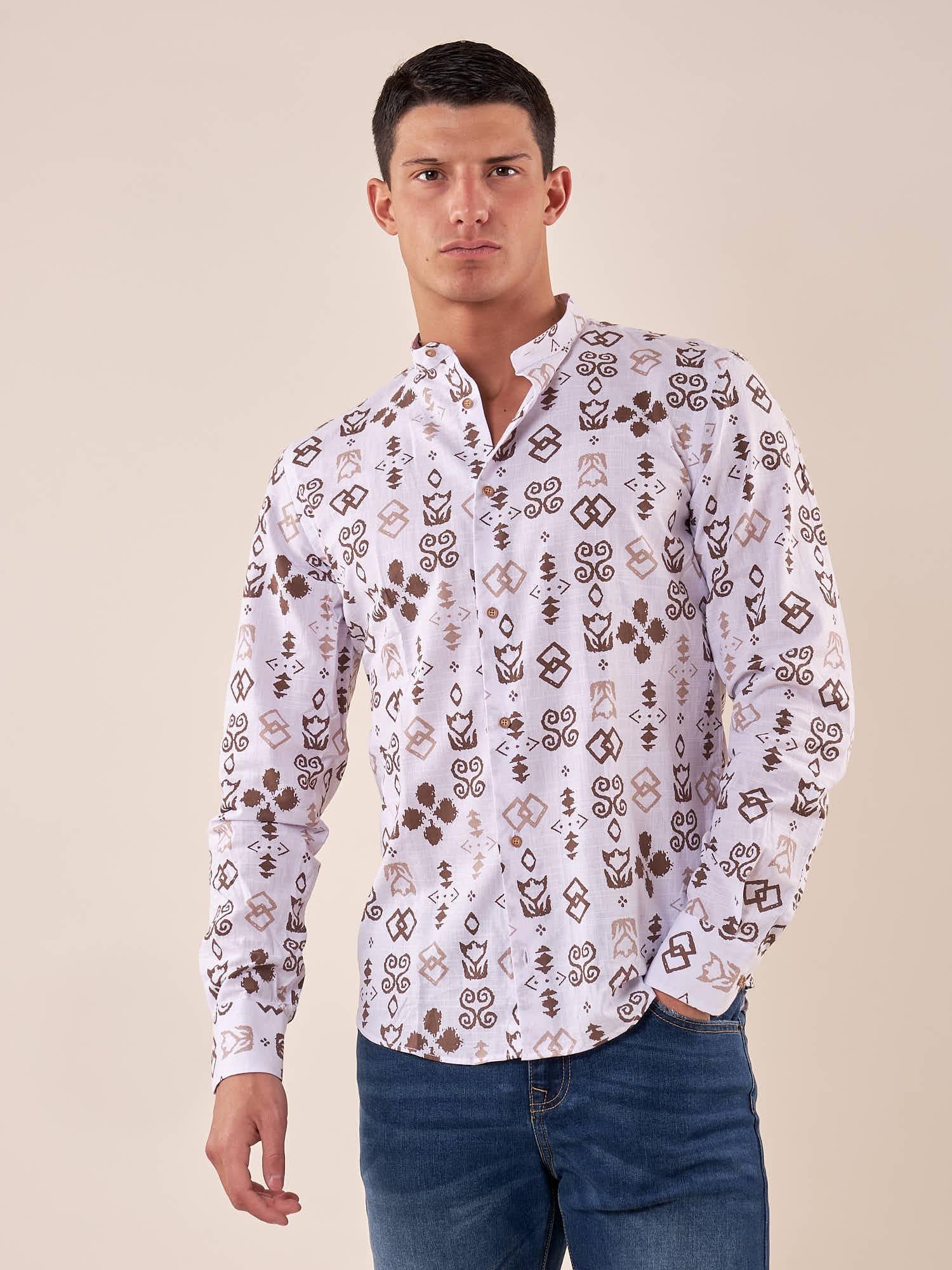 Camicia manica lunga misto lino collo coreano uomo. DM9395 MORO DATCH 