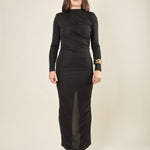 Abito donna lungo a maniche lunghe con drappeggio obliquo. AB003154 BORDEAUX ARTIGLI 