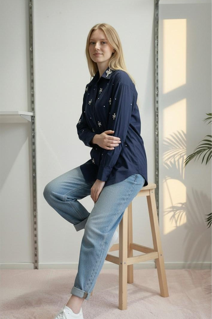 Camicia Donna in Cotone Manica Lunga Over Fit con Applicazione di Pietre R49/102958 BLU EXTASY Donna 